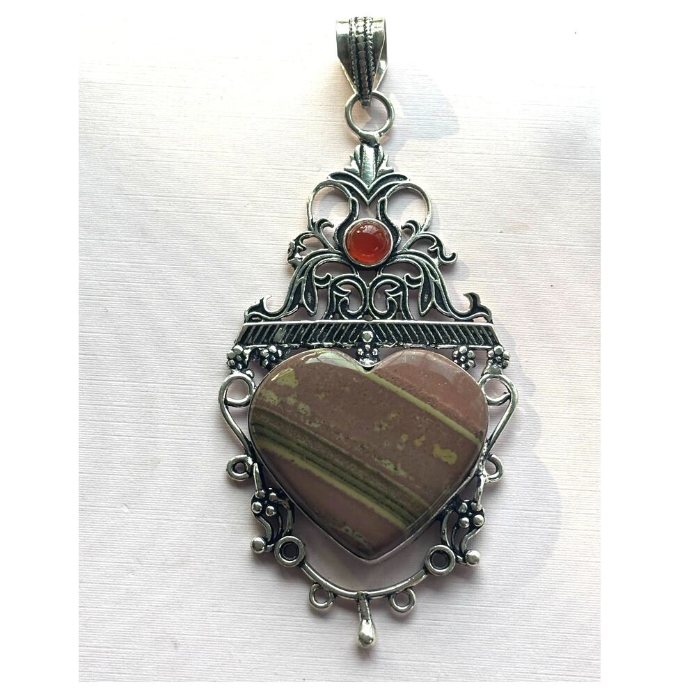 925 Sterling Jasper & Carnelian  Heart  Pendant